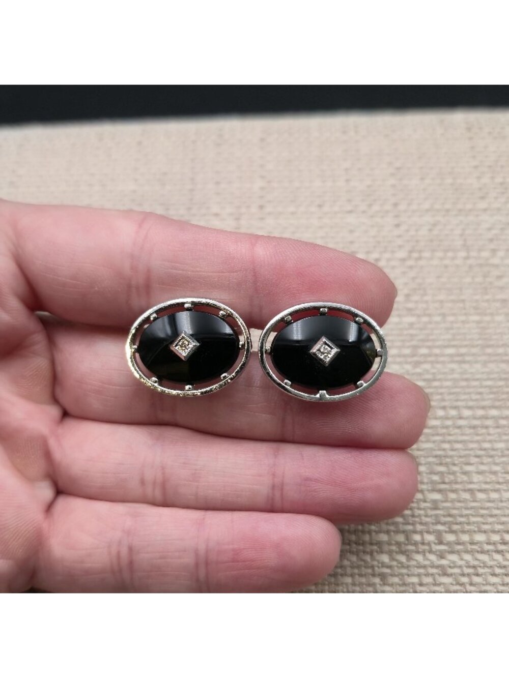 Vintage Anson Oval Black Onyx Rhinestone Accent Cufflinks A8927